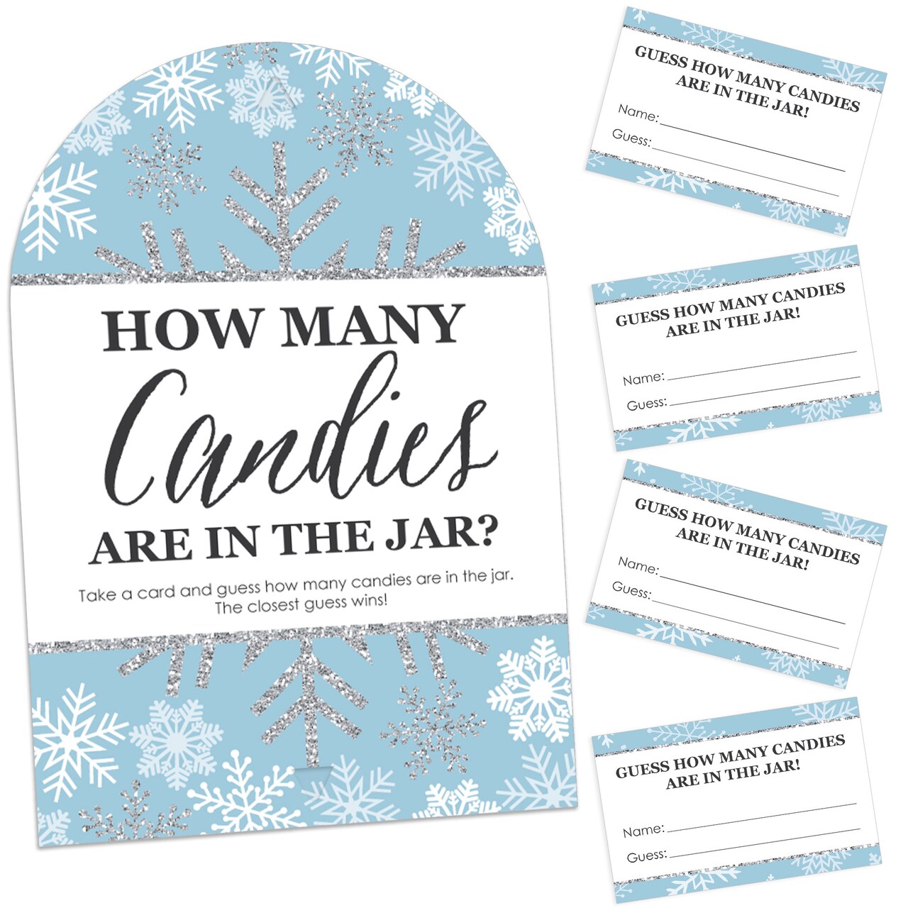 Big Dot of Happiness Winter Wonderland - How Many Candies Snowflake Holiday Party and Winter Wedding Game - 1 Stand and 40 Cards - Candy Guessing Game